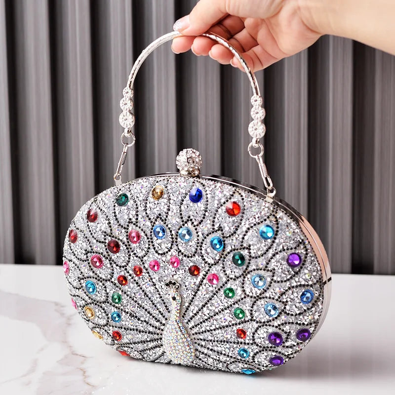 Peacock Pattern Diamond Evening Rhinestone Shoulder Clutch Bag