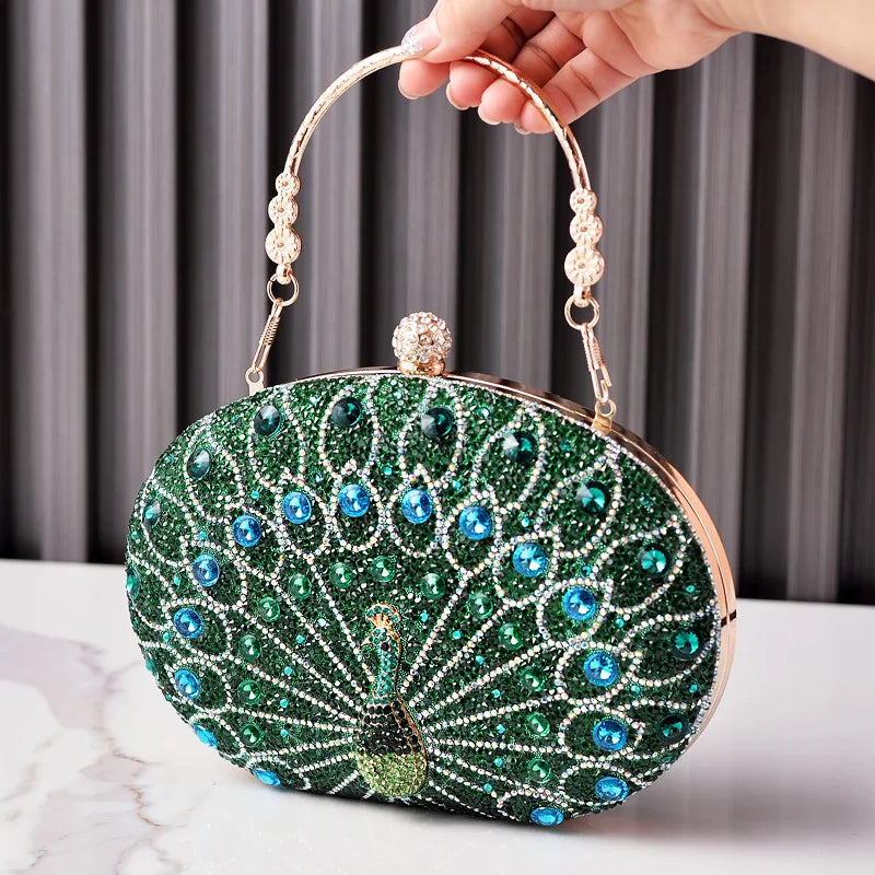 Peacock Pattern Diamond Evening Rhinestone Shoulder Clutch Bag