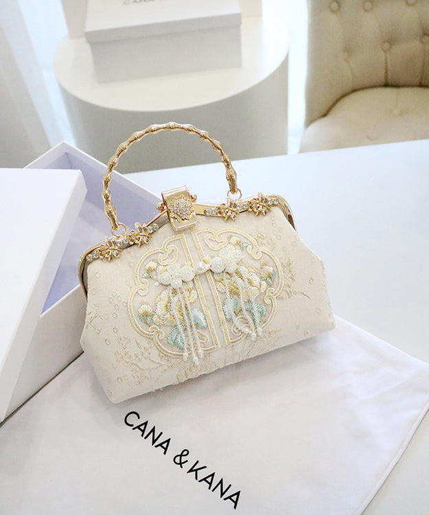 Handbag Beige Embroidered Retro Cotton Tote Zircon