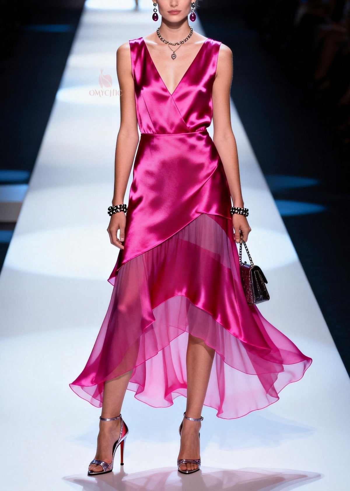 Satin Deep V-Neck Sleeveless Wrap Asymmetrical Tiered Midi Dress