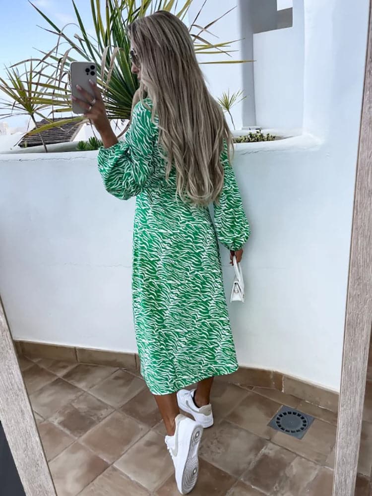 New Spring Long Sleeve Print Lace Up Dress - View 3