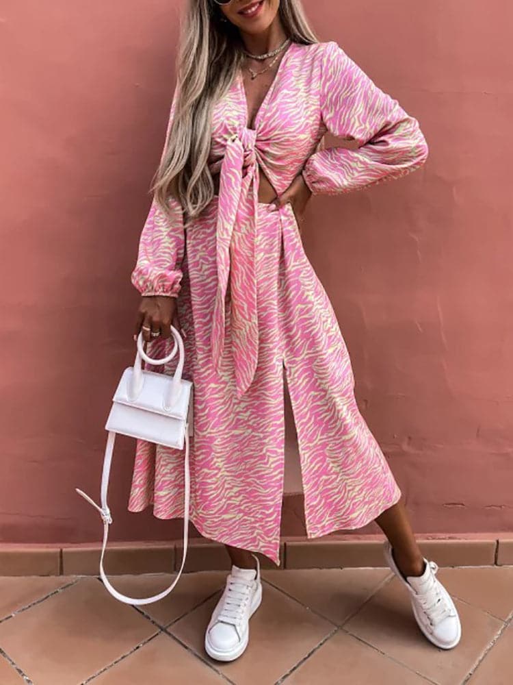New Spring Long Sleeve Print Lace Up Dress - View 6