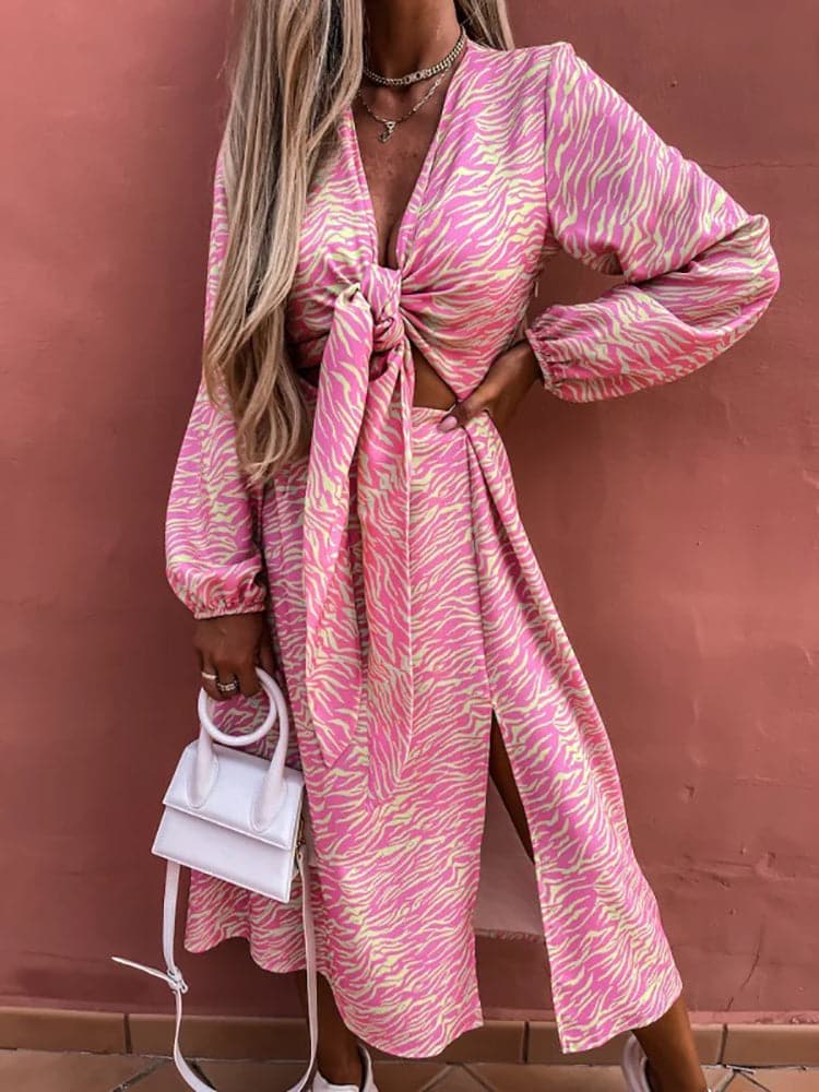 New Spring Long Sleeve Print Lace Up Dress - View 4