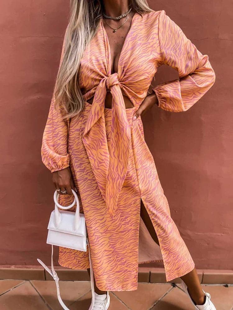 New Spring Long Sleeve Print Lace Up Dress - View 7