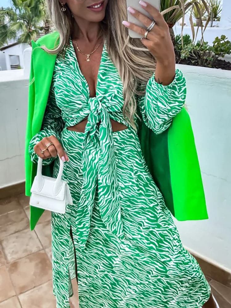 New Spring Long Sleeve Print Lace Up Dress - View 8