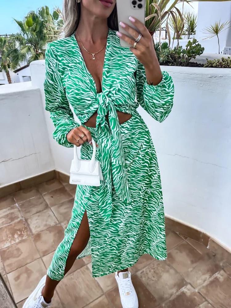 New Spring Long Sleeve Print Lace Up Dress - View 2