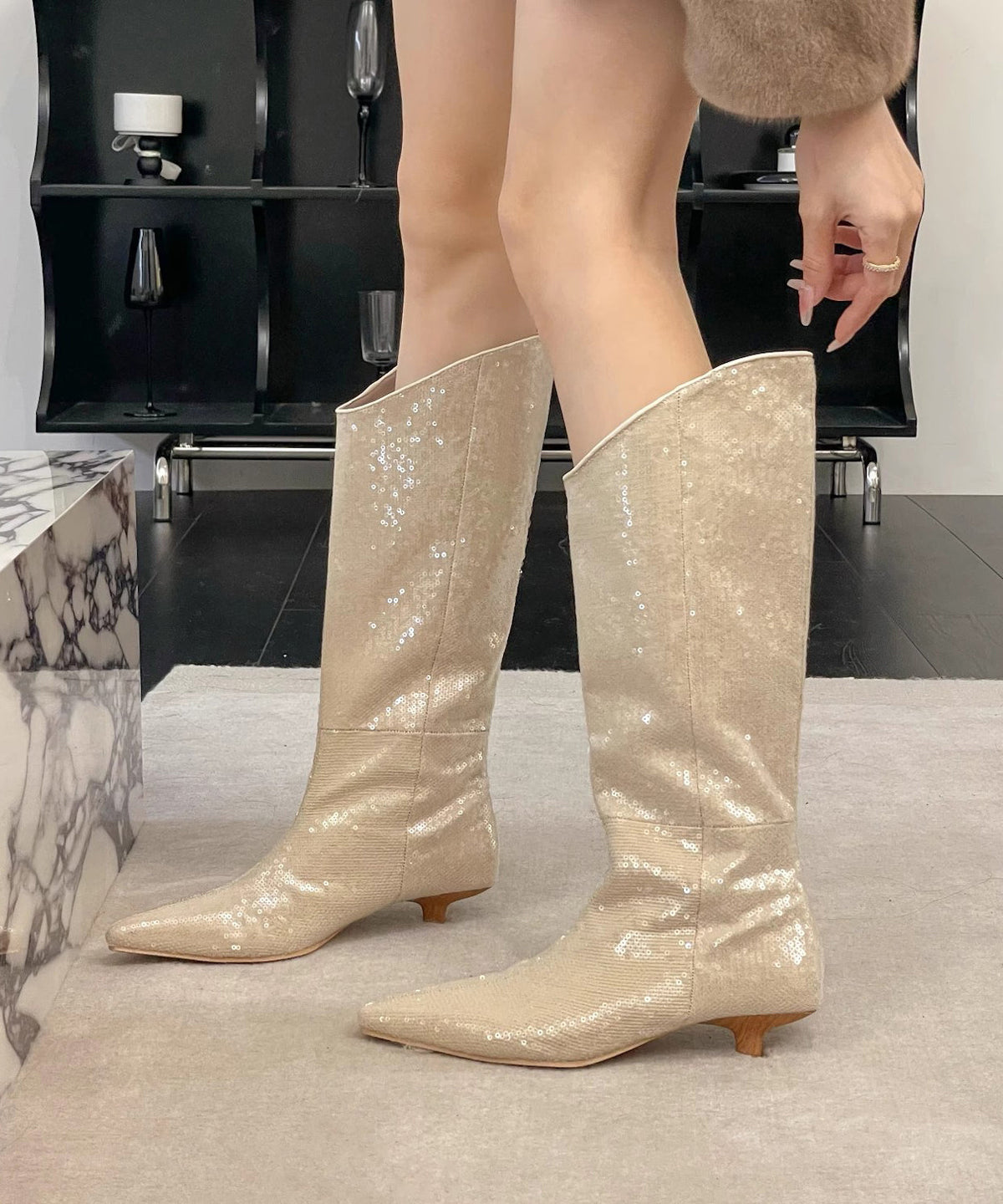 Stylish Apricot Kitten Heels Sequins Boots