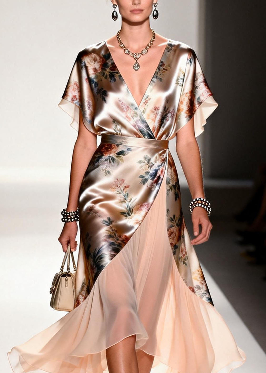 Floral Print Deep V-Neck Butterfly Sleeve Wrap Ruffle Hem Midi Dress - View 2