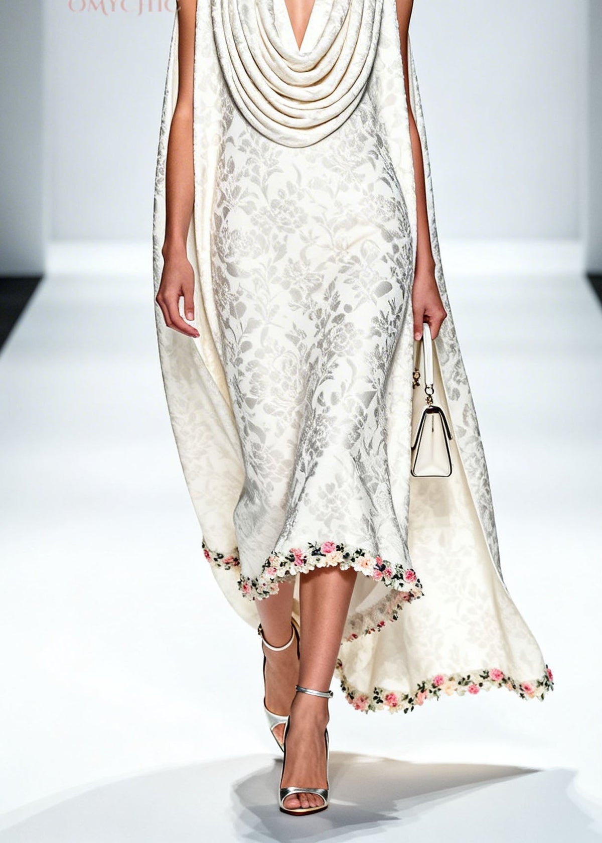 Jacquard Cowl Collar Cape Sleeveless Floral Applique Hem Midi Dress - View 4