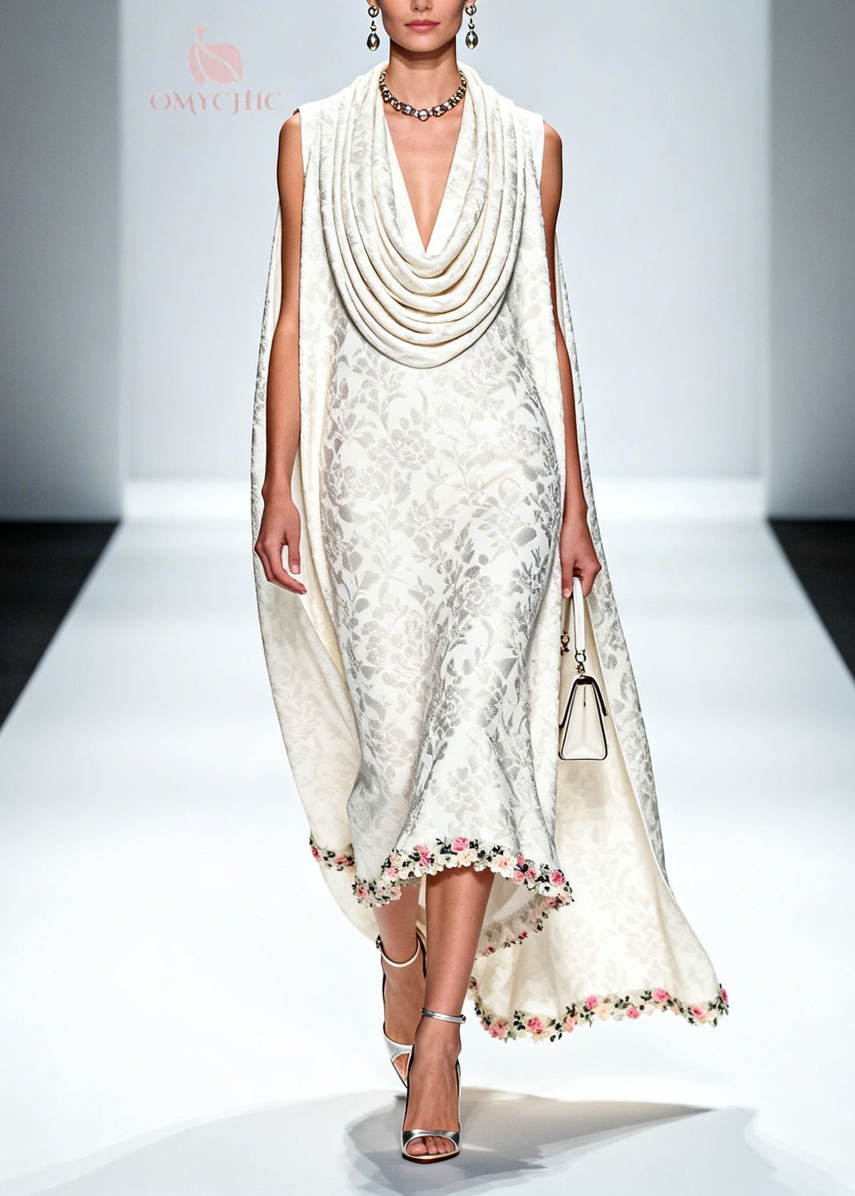 Jacquard Cowl Collar Cape Sleeveless Floral Applique Hem Midi Dress - View 5
