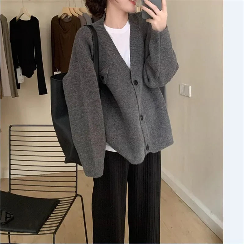 Fashion Loose All-match Knitwear Korean Lazy V-neck Spring Autumn Coats - Fashionpara