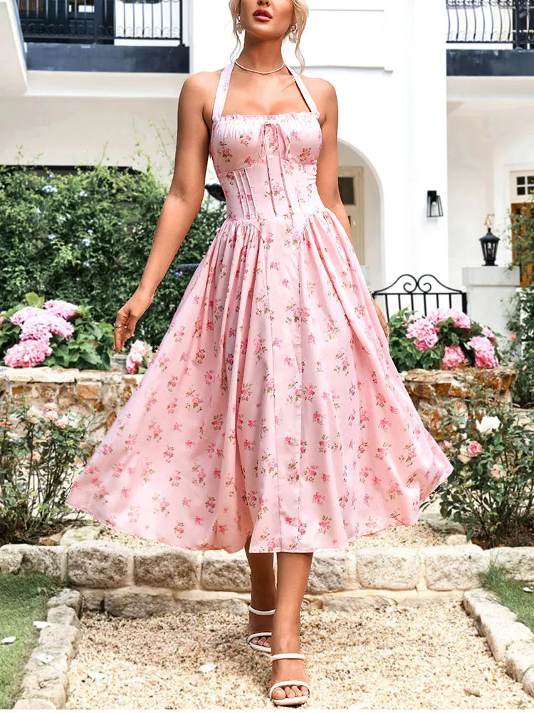 Halter Backless Print Floral Pink Dress