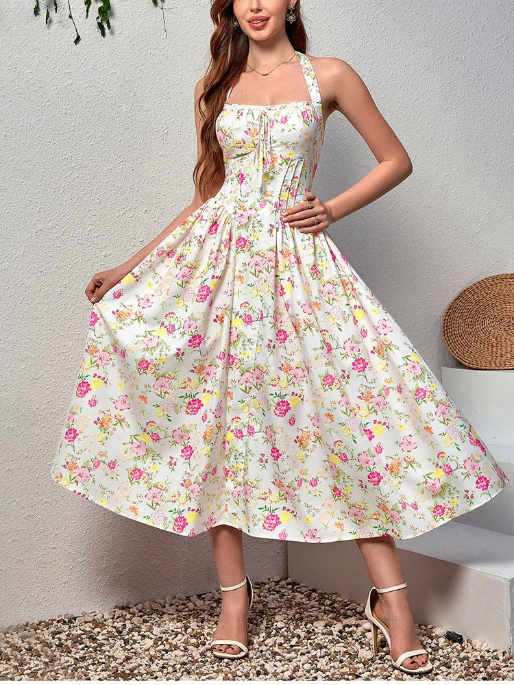 Halter Backless Print Floral Pink Dress