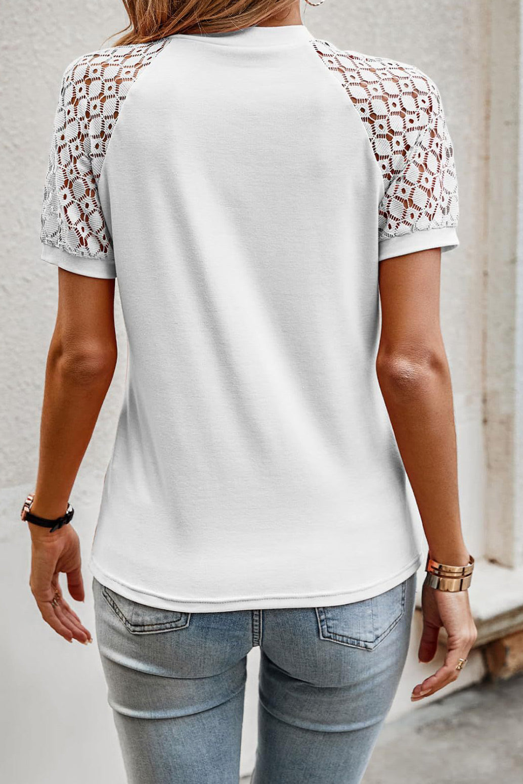 New Solid Pink T-shirt Lace Short-sleeve Top For Women