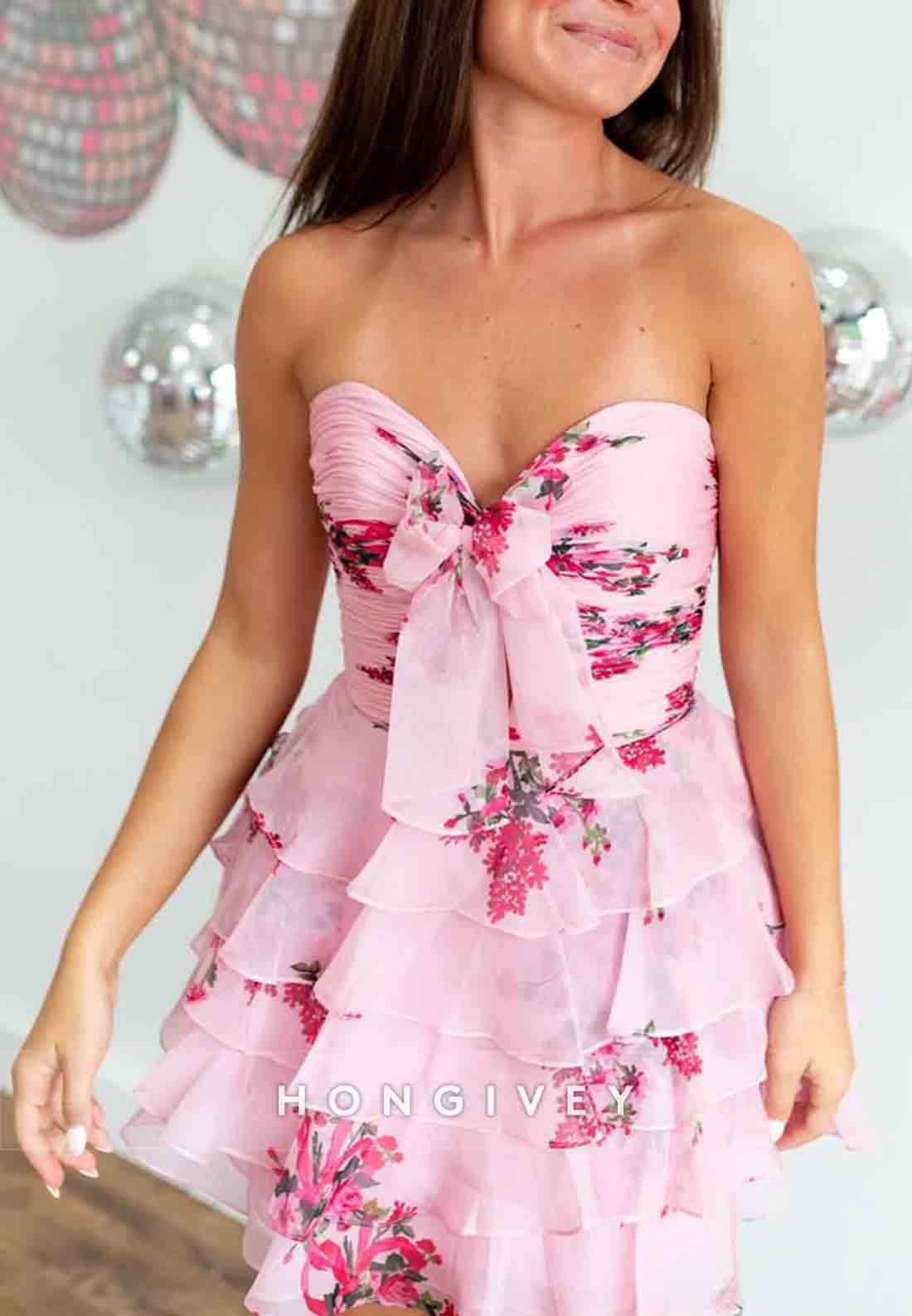 Sweetheart Bowknot A-Line Floral Print Pleated Short  Homecoming Dresses