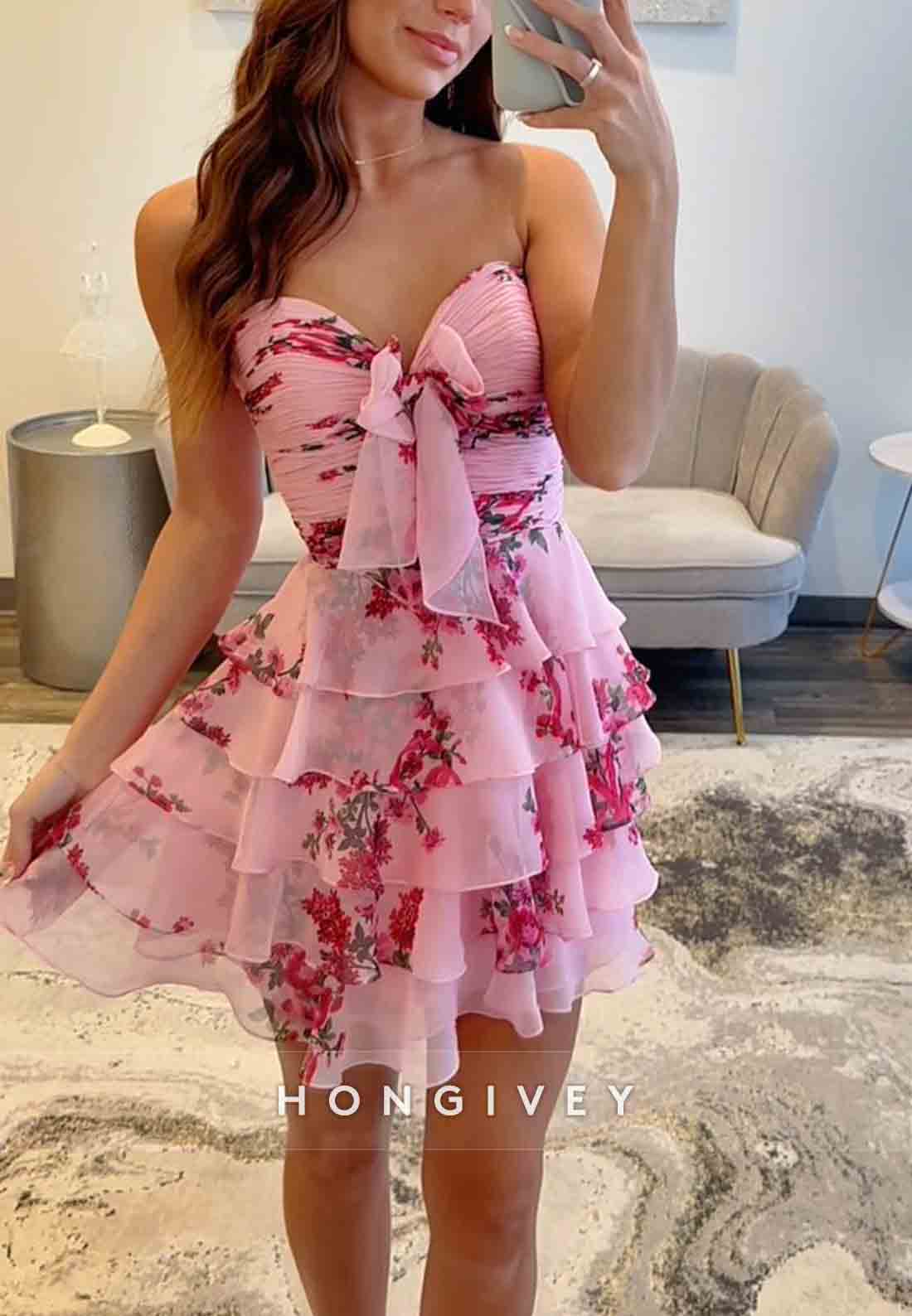 Sweetheart Bowknot A-Line Floral Print Pleated Short  Homecoming Dresses
