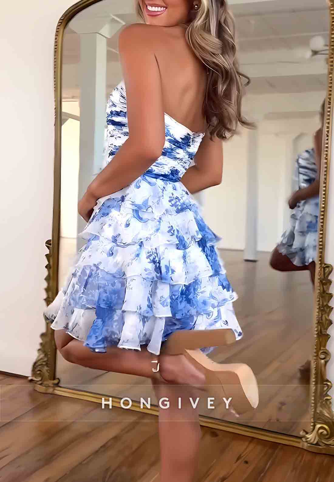 Sweetheart Bowknot A-Line Floral Print Pleated Short  Homecoming Dresses
