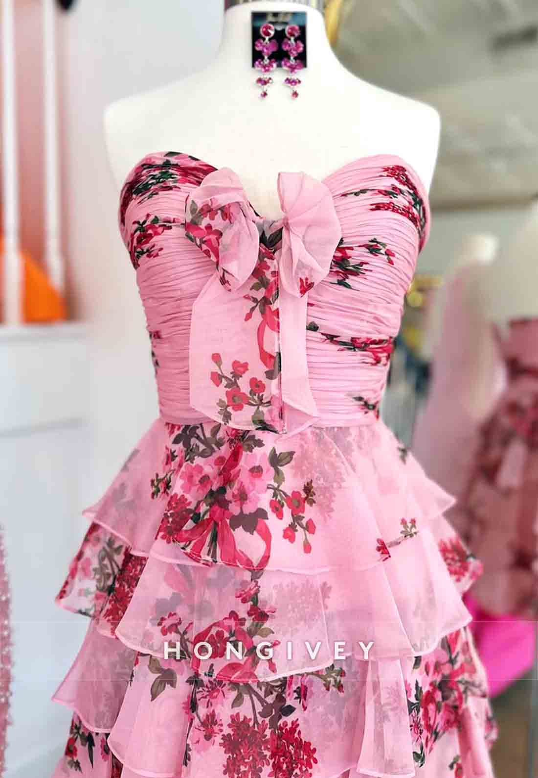 Sweetheart Bowknot A-Line Floral Print Pleated Short  Homecoming Dresses