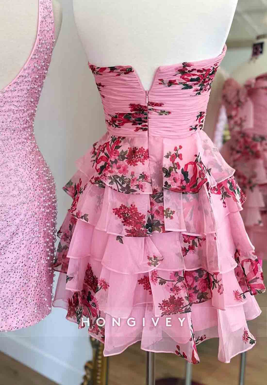 Sweetheart Bowknot A-Line Floral Print Pleated Short  Homecoming Dresses