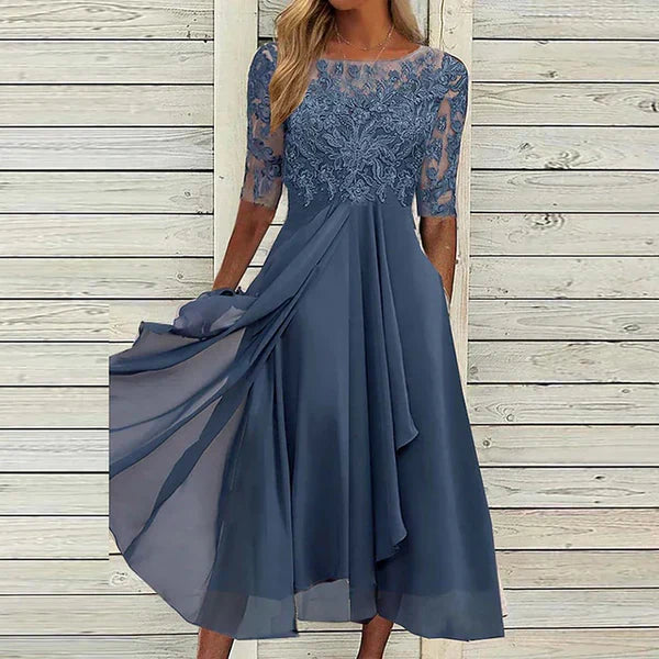 Lace Bodice Sheer Yoke Elbow Sleeve Pocket Pleated Chiffon Midi Dress
