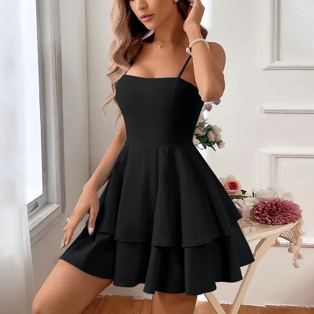 Tiered Ruffle A-Line Short Sleeve Mini Dress in Black - View 6
