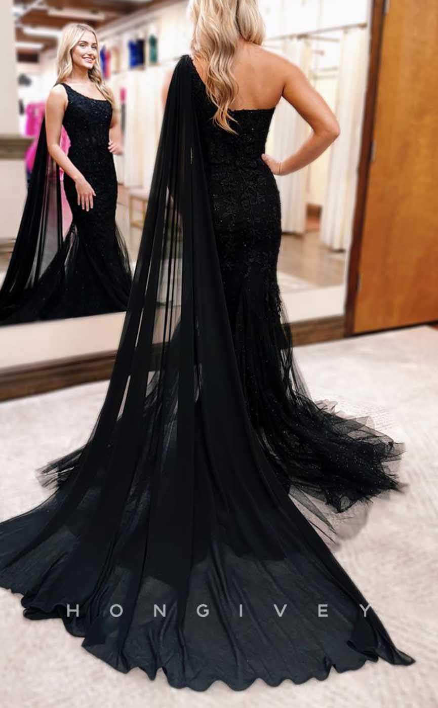 L2881 - One Shoulder Lace Applique With Tulle Bolero Trumpet Party Prom Evening Dress - Fashionpara