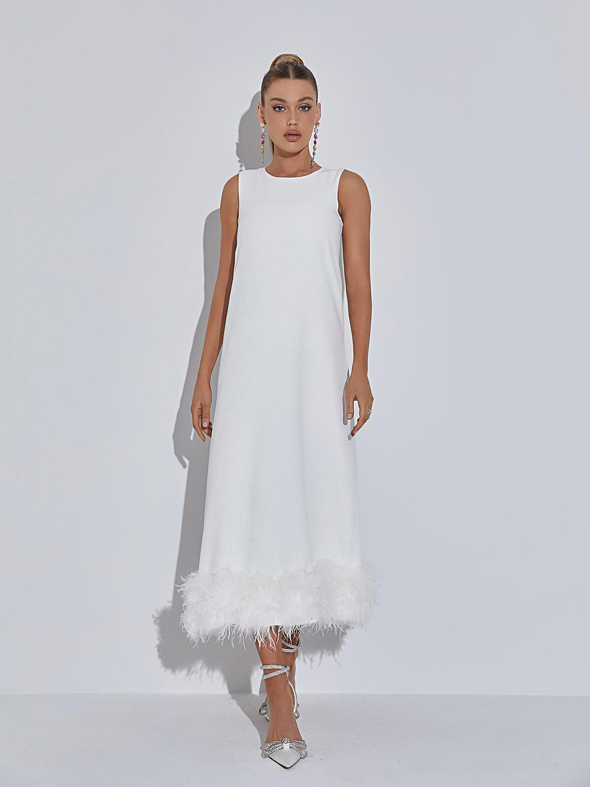 Nisha Feather Midi Dress In White