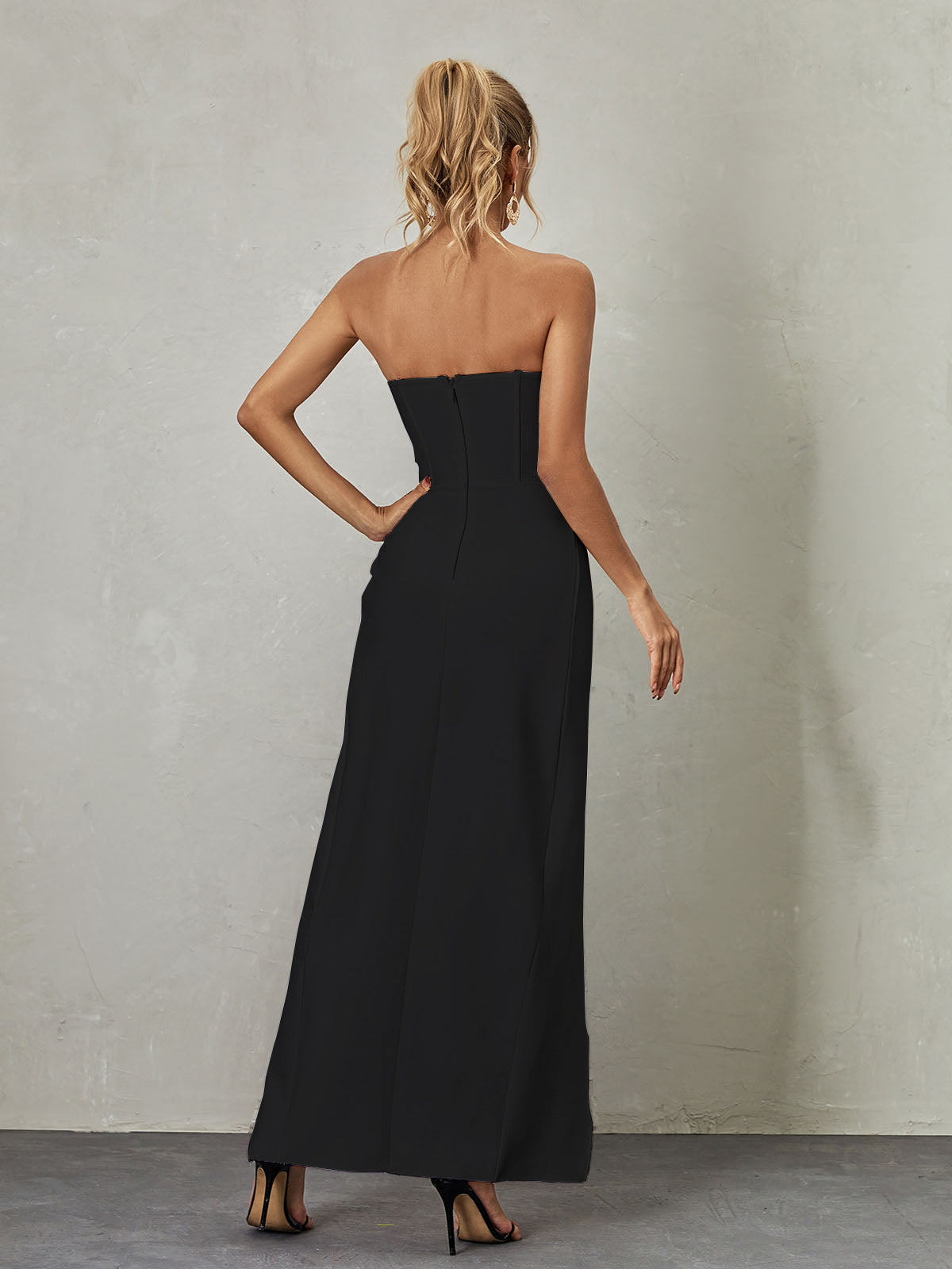 Strapless Sweetheart Rosette Cup Bodice Wrap High Split Maxi Gown - View 4