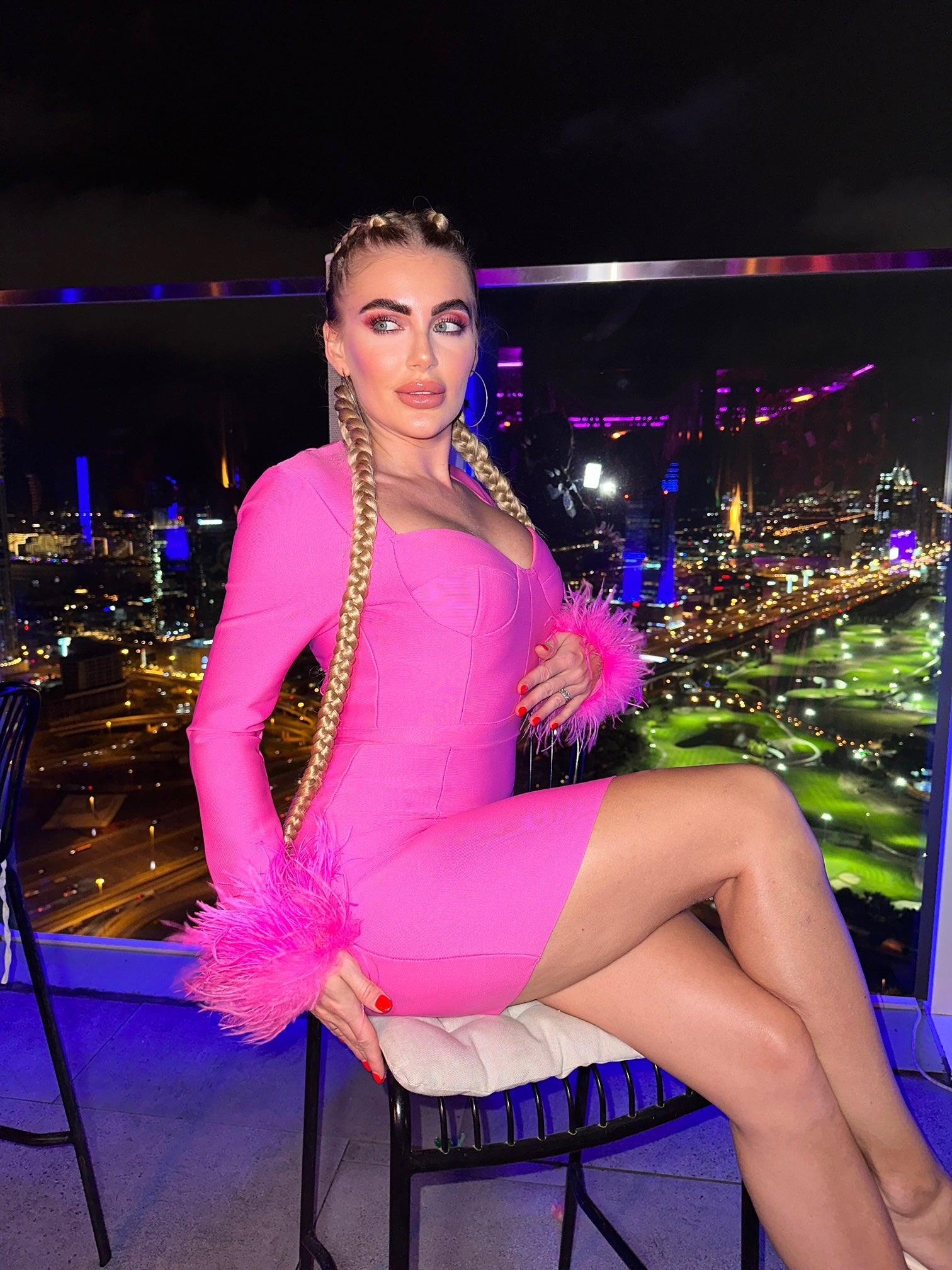 Nixie Long Sleeve Feather Bandage Dress In Hot Pink