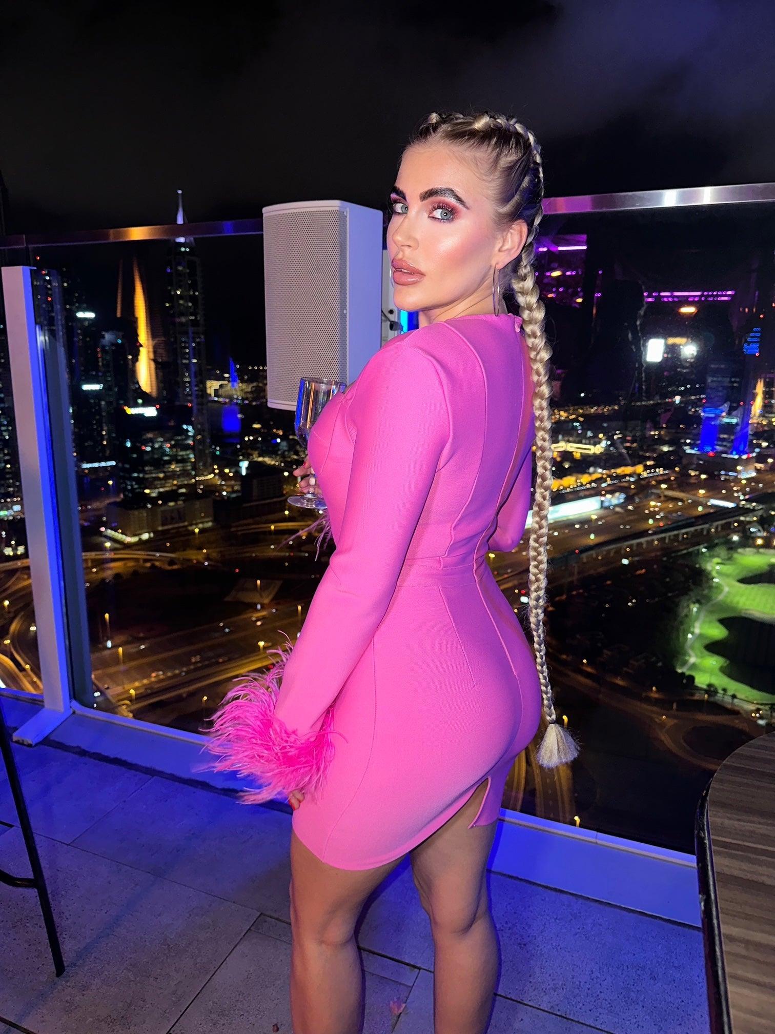 Nixie Long Sleeve Feather Bandage Dress In Hot Pink