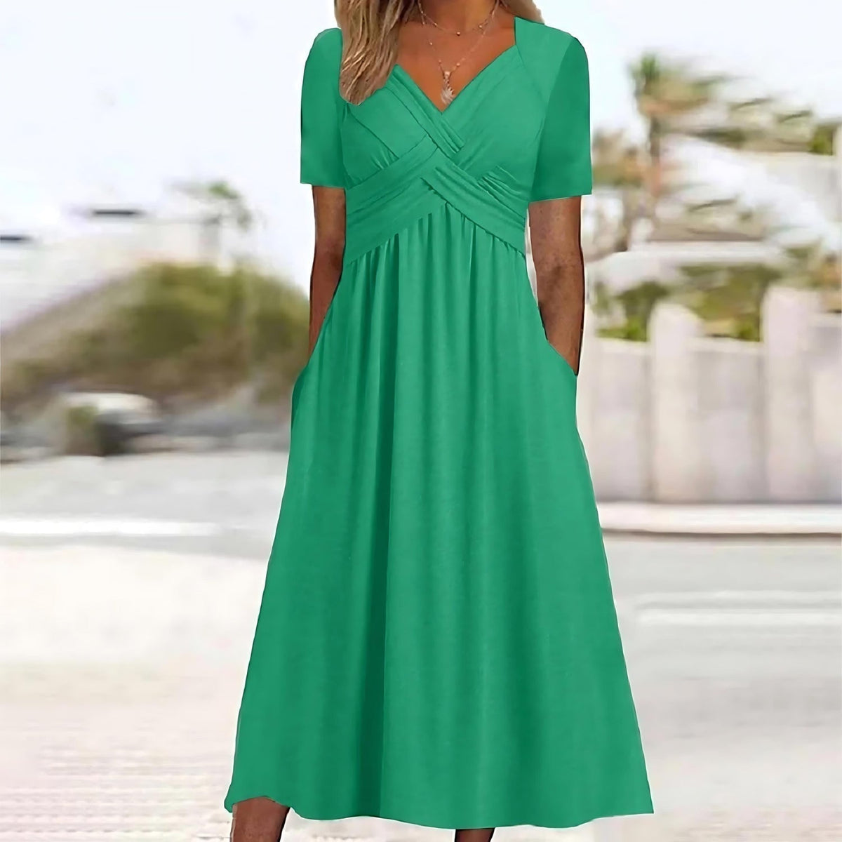 V-Neck Short Sleeve Cross Front Ruched Waist Midi Dress