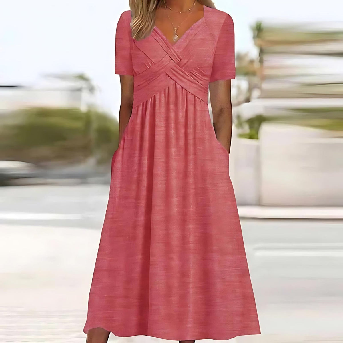 V-Neck Short Sleeve Cross Front Ruched Waist Midi Dress 4