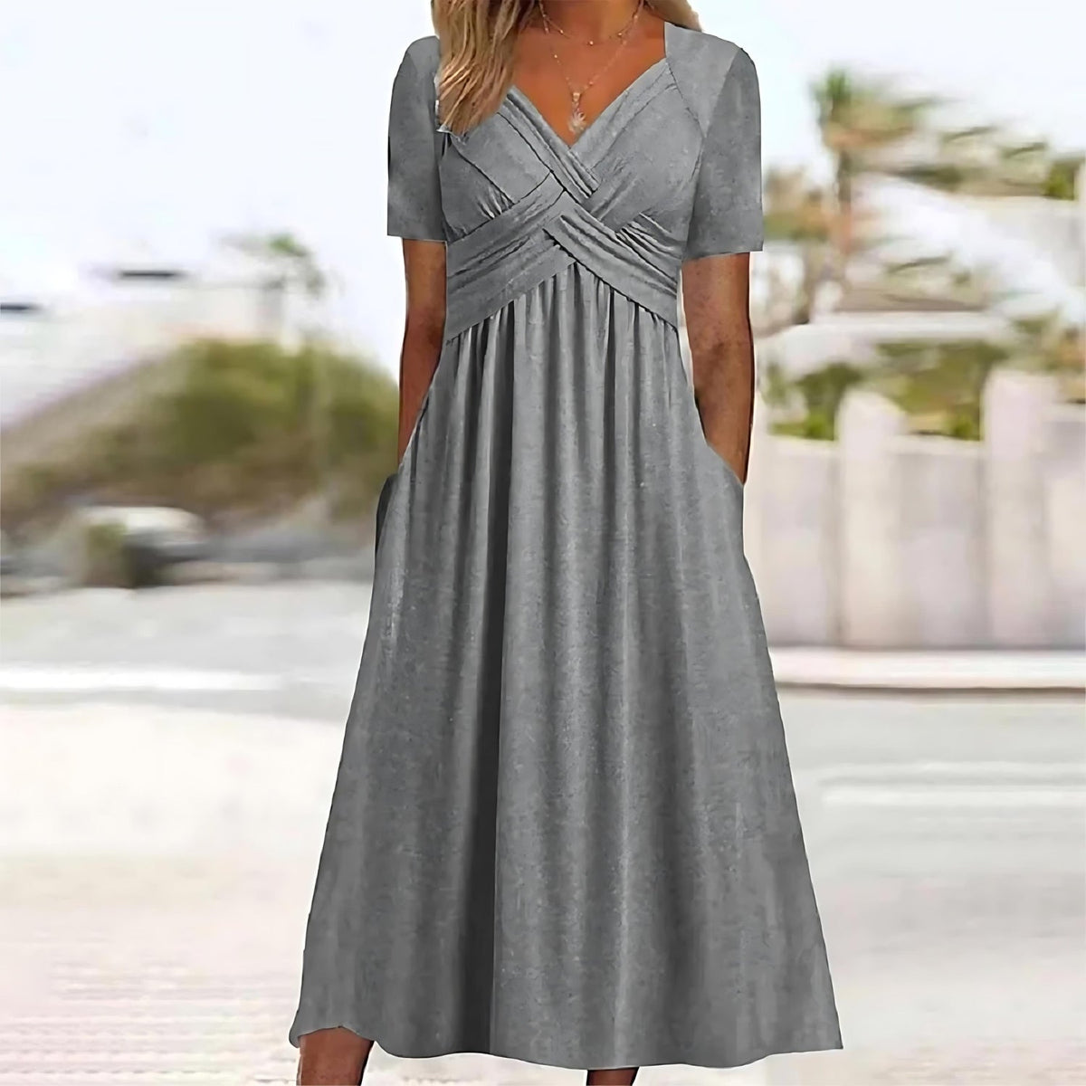 V-Neck Short Sleeve Cross Front Ruched Waist Midi Dress 3