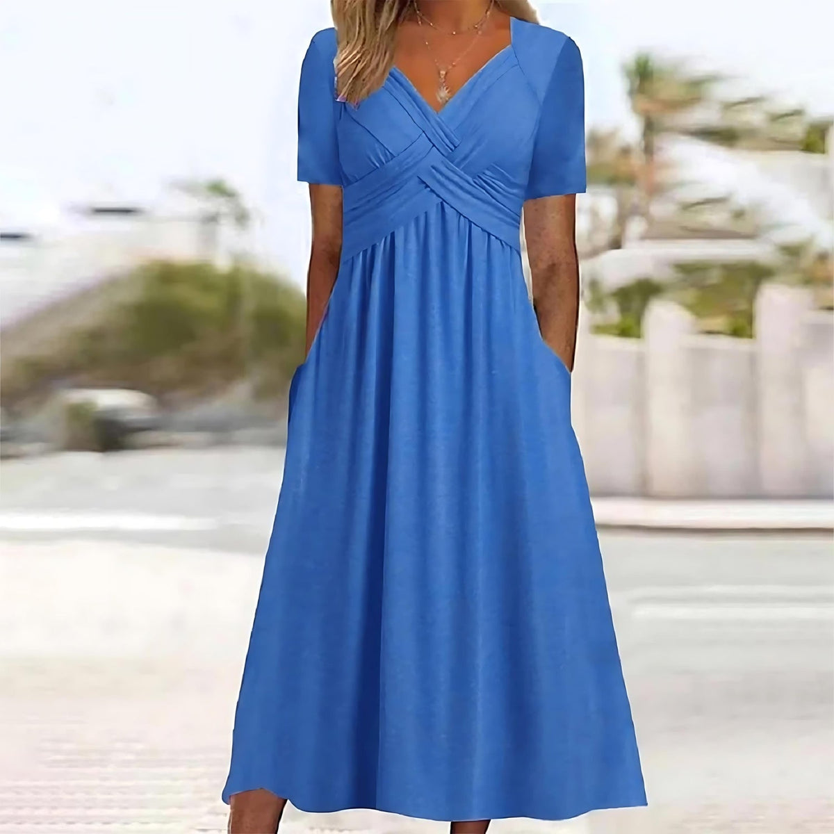 V-Neck Short Sleeve Cross Front Ruched Waist Midi Dress 5