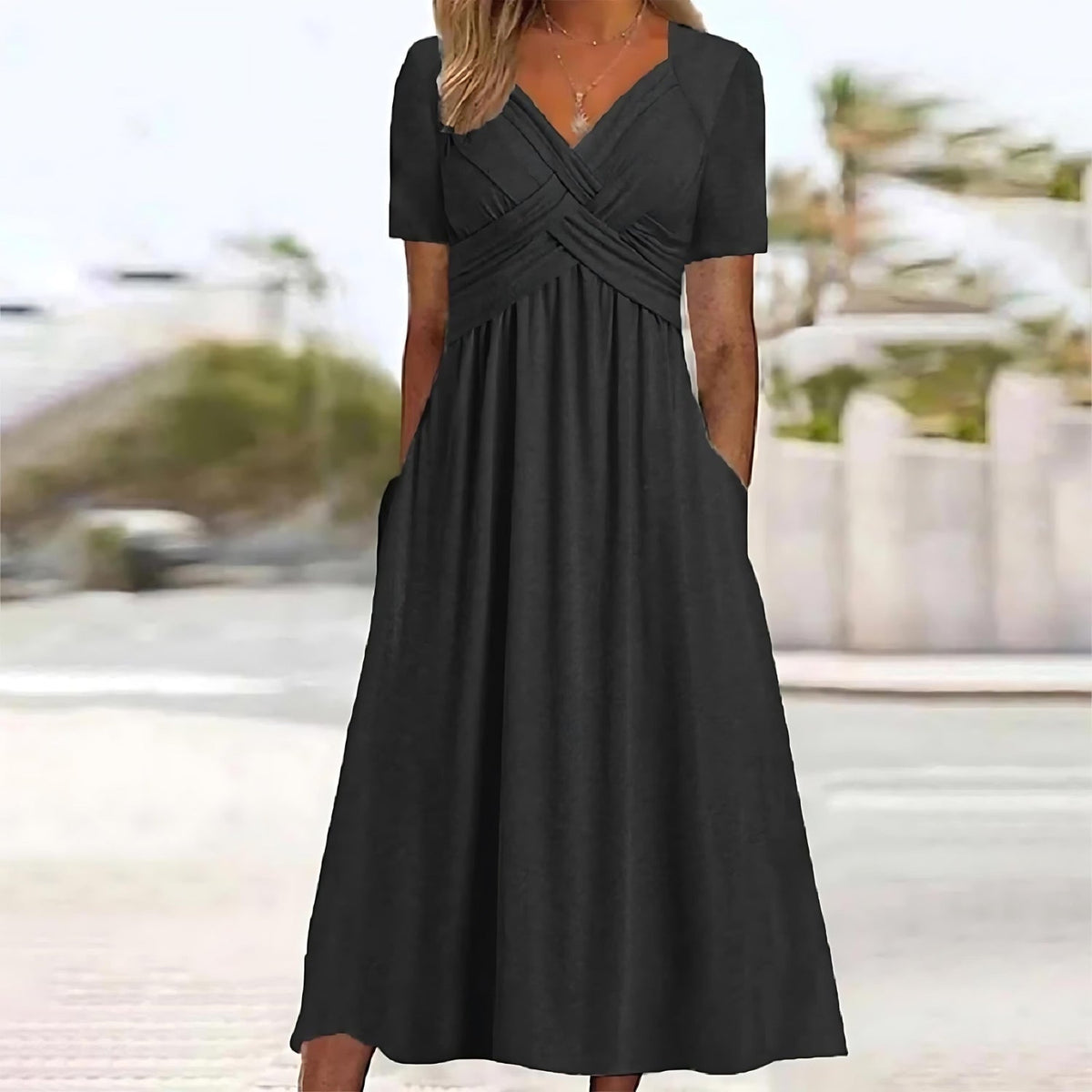 V-Neck Short Sleeve Cross Front Ruched Waist Midi Dress 2