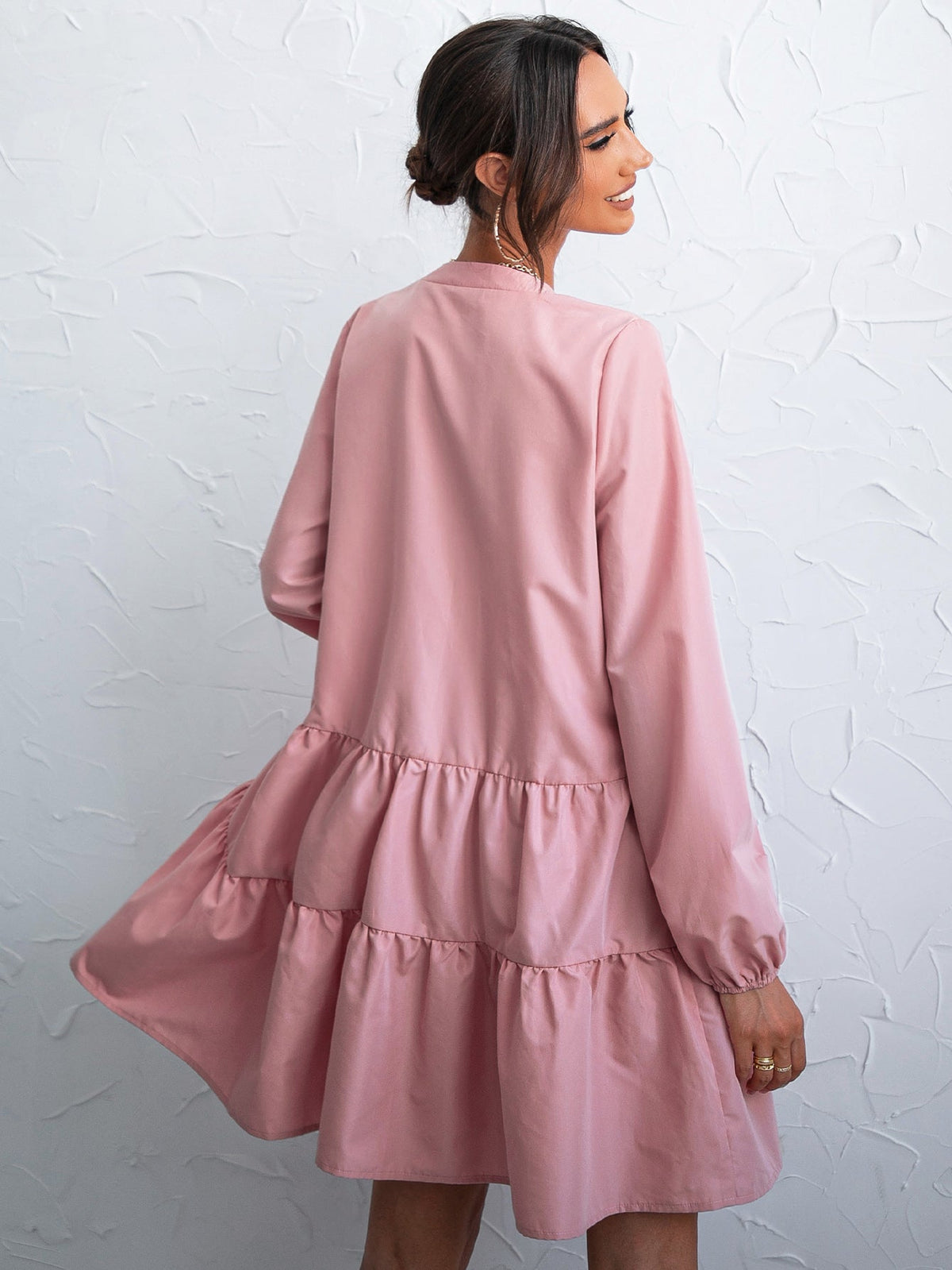 Long Sleeve Button Front Tiered Mini Shirt Dress