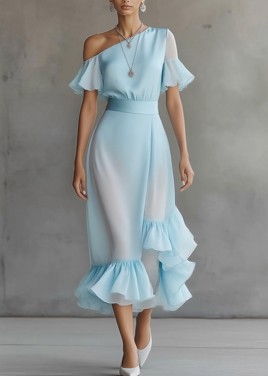 Novelty Blue Asymmetrical Patchwork Solid Chiffon Maxi Dress - View 5