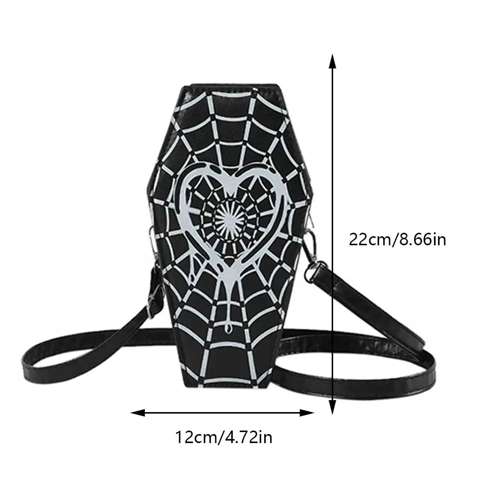 Novelty Halloween Gothic Coffin Shape Spider Web Sling Pu Leather Bag Black5
