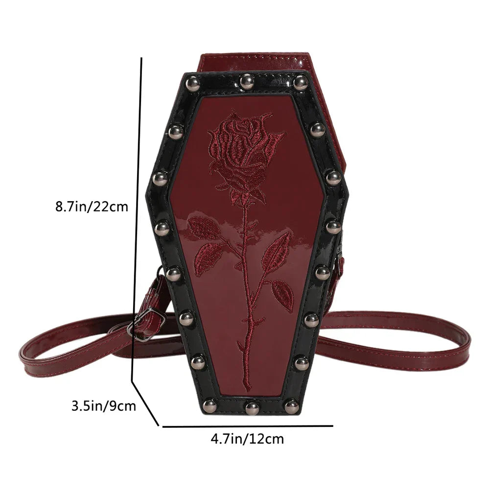 Novelty Halloween Gothic Coffin Shape Spider Web Sling Pu Leather Bag Red1