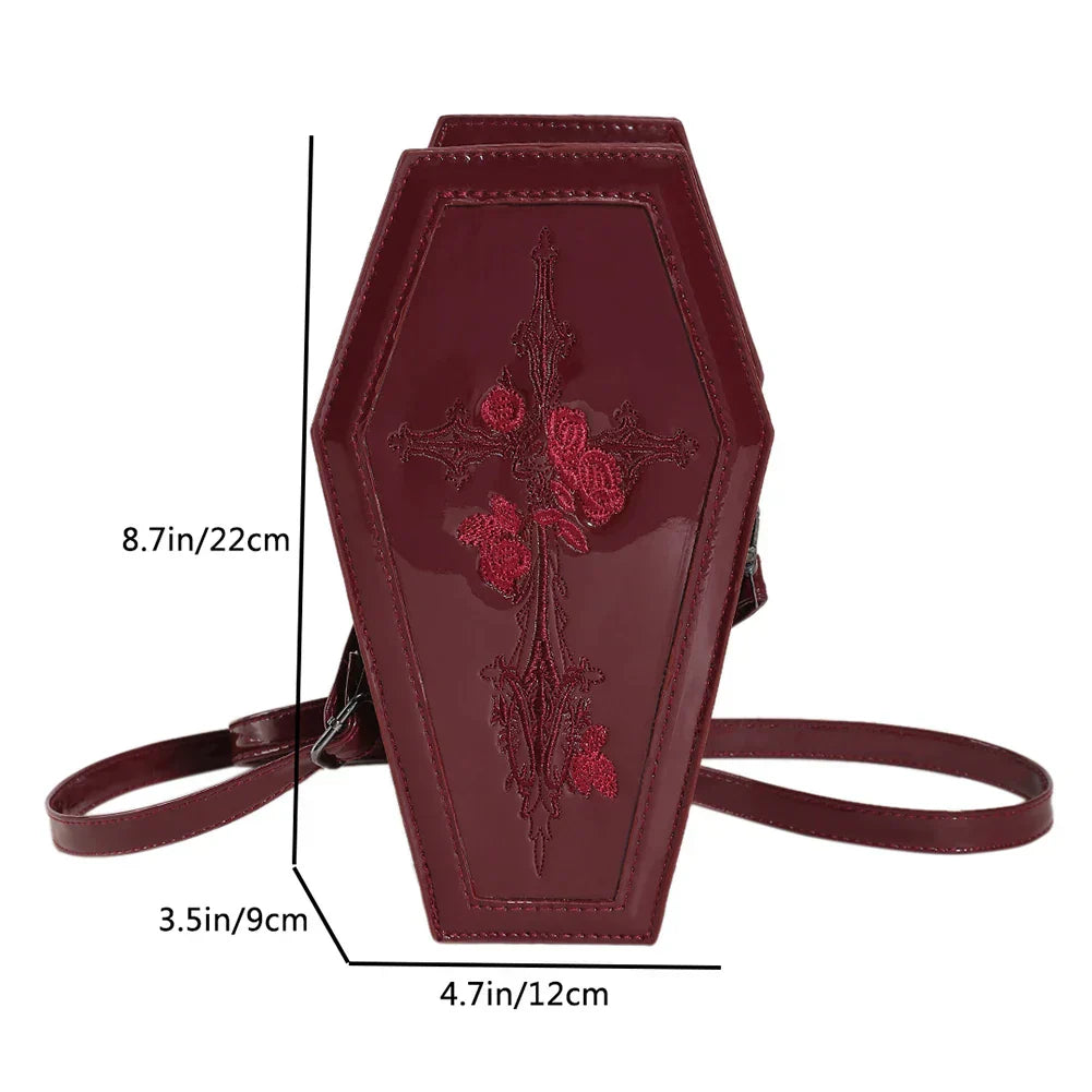 Novelty Halloween Gothic Coffin Shape Spider Web Sling Pu Leather Bag Red3