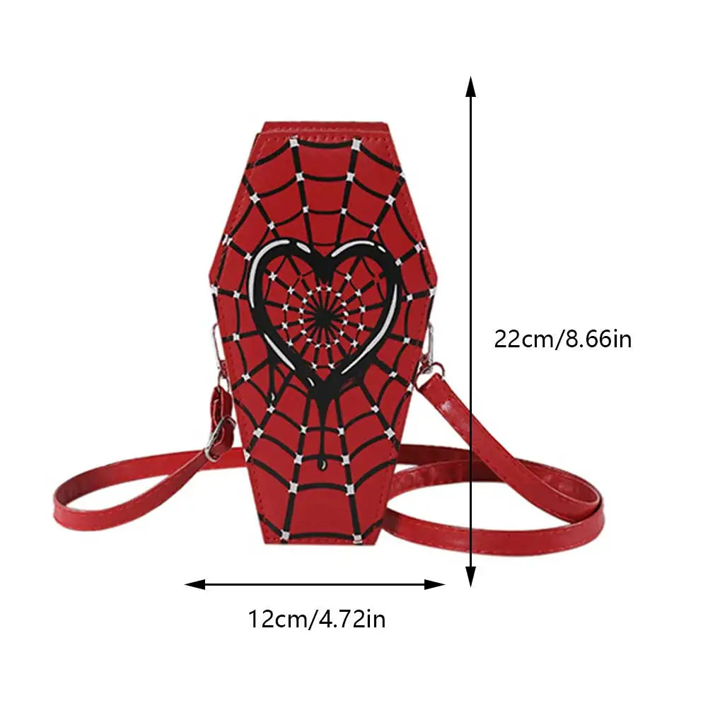 Novelty Halloween Gothic Coffin Shape Spider Web Sling Pu Leather Bag Red5
