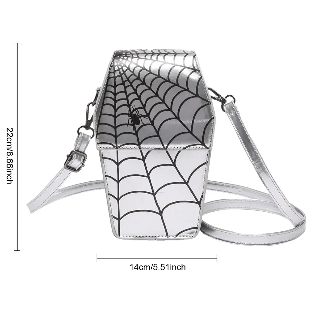 Novelty Halloween Gothic Coffin Shape Spider Web Sling Pu Leather Bag Silver