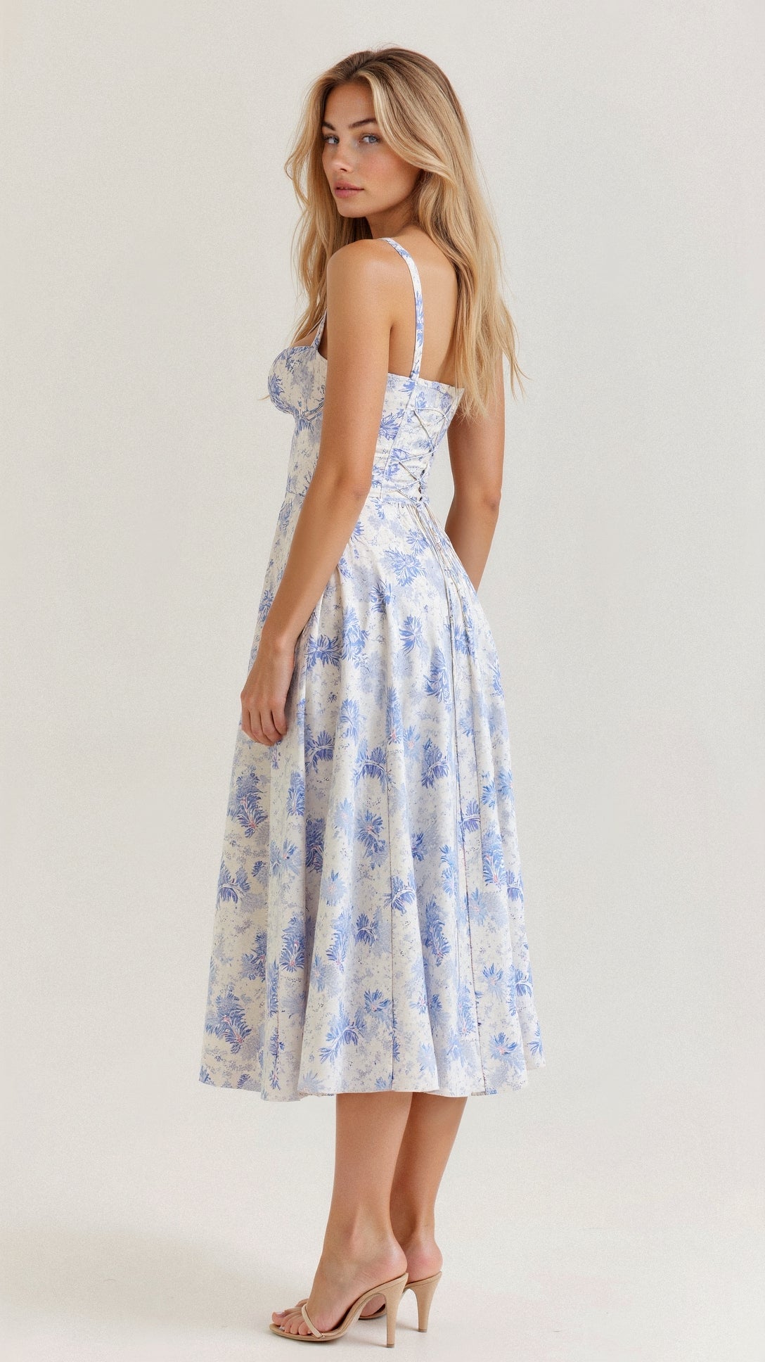 Floral Sweetheart Neck Tie Front High Split Midi Dress 3