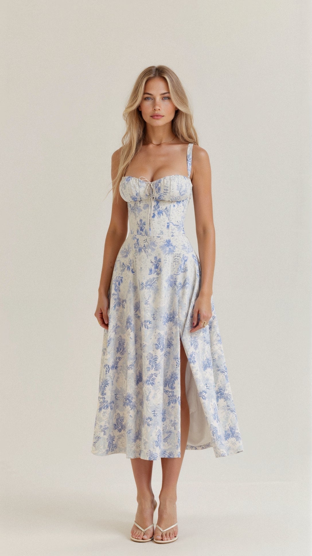 Floral Sweetheart Neck Tie Front High Split Midi Dress 2