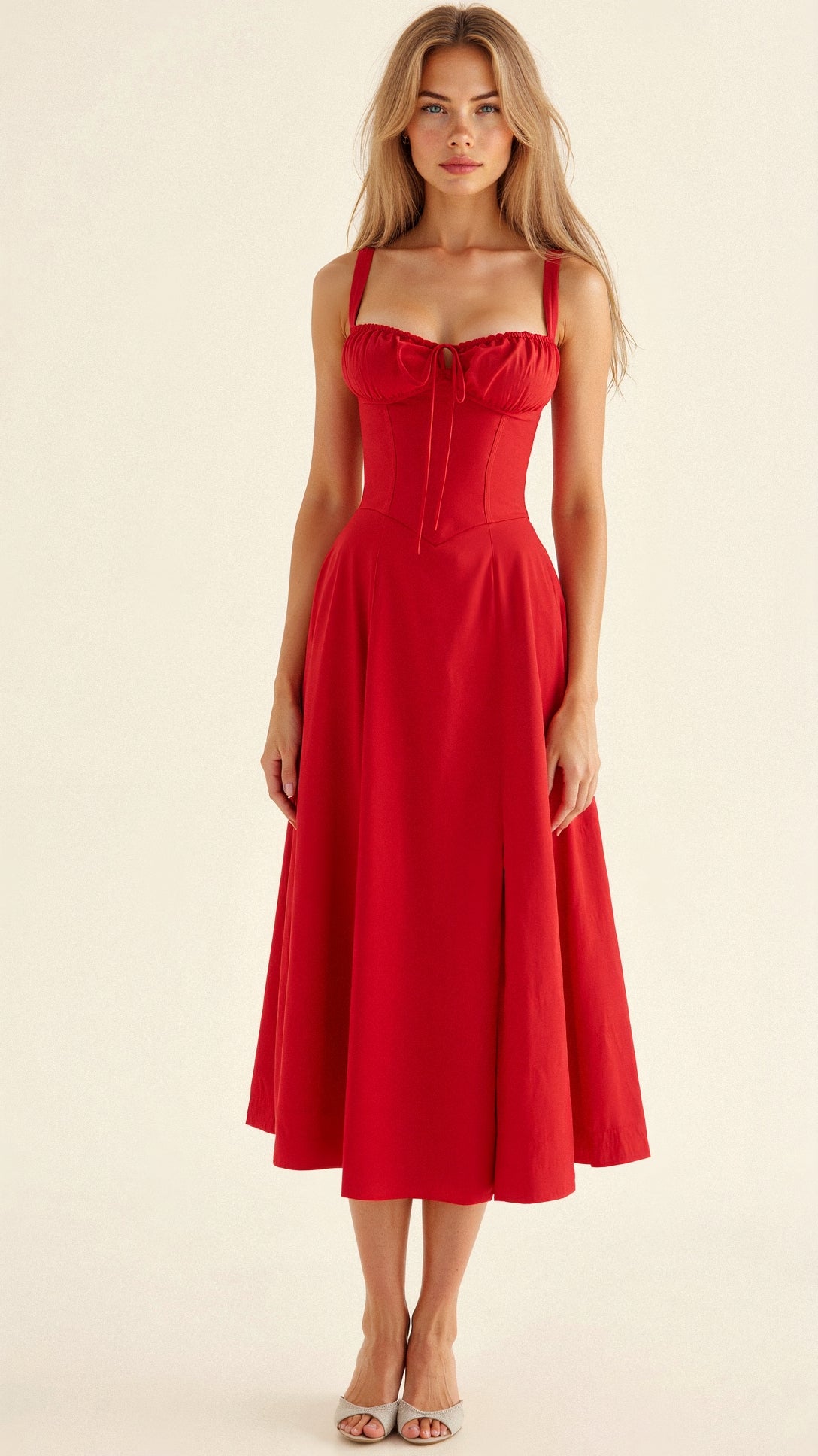 Floral Sweetheart Neck Tie Front High Split Midi Dress 14