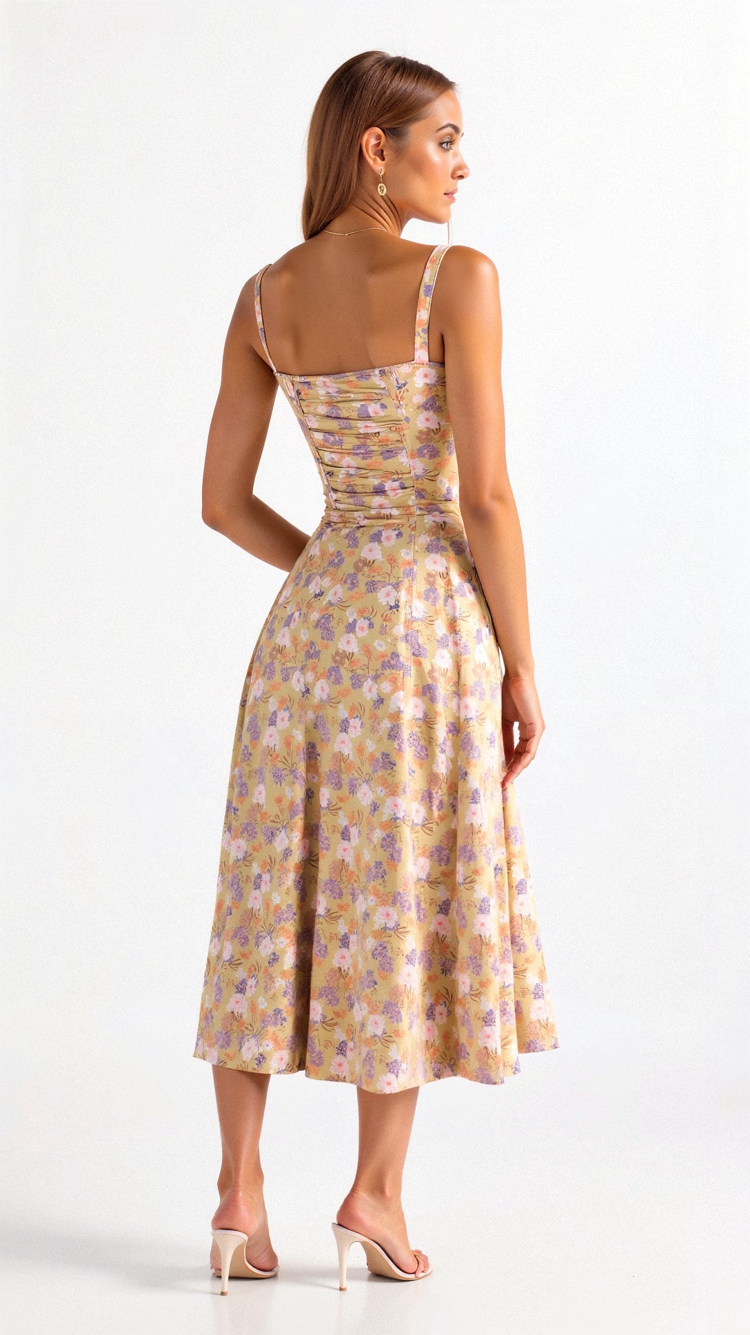 Floral Sweetheart Neck Tie Front High Split Midi Dress 19