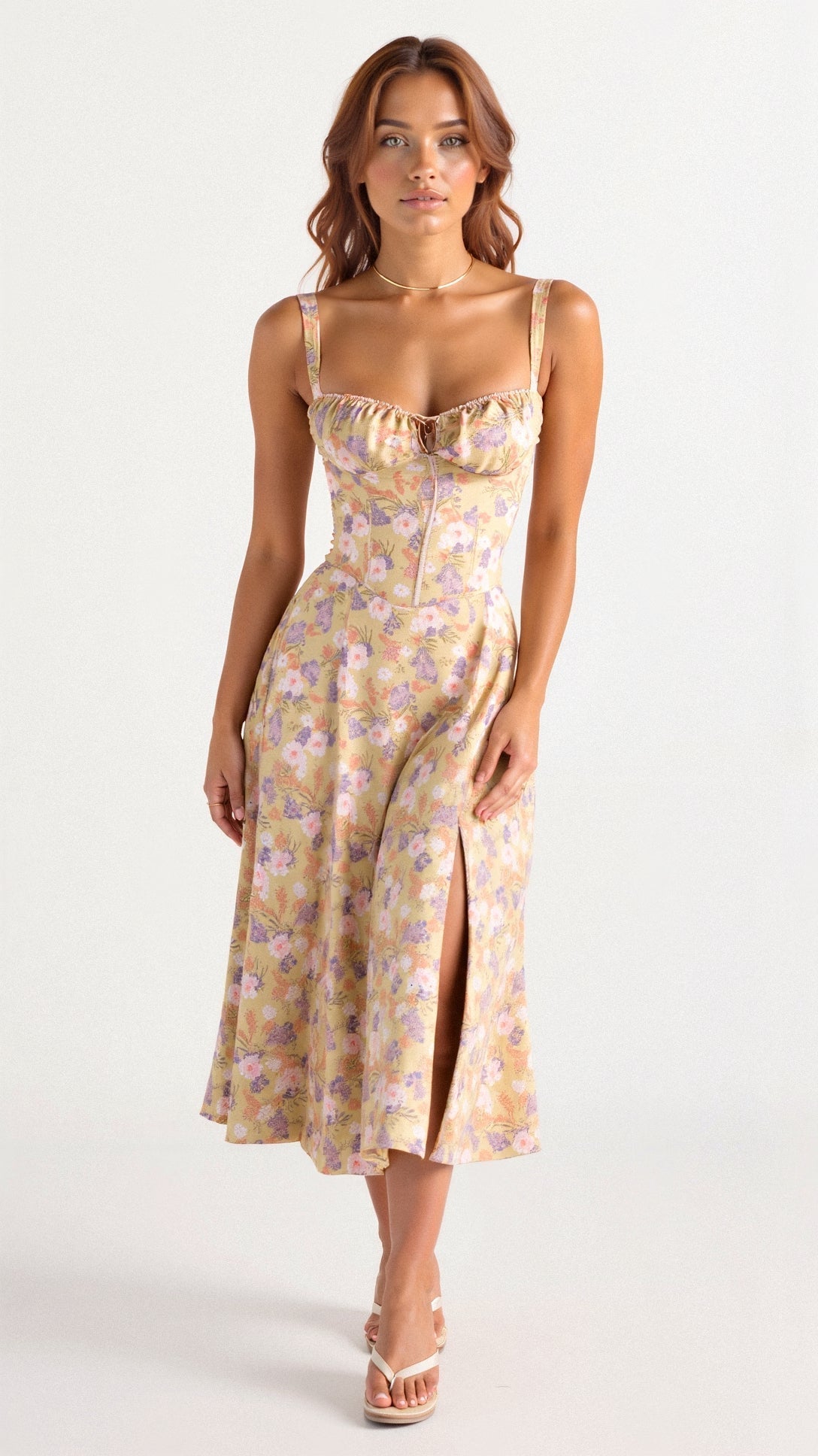 Floral Sweetheart Neck Tie Front High Split Midi Dress 18