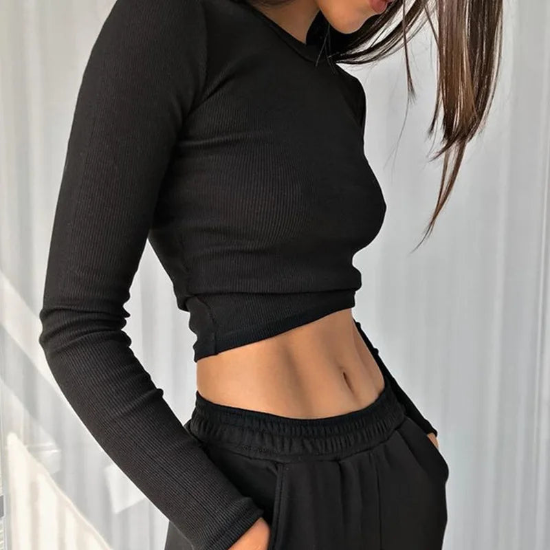Ribbed Sexy Cropped Slim Fit Long Sleeve Knit Top - Fashionpara