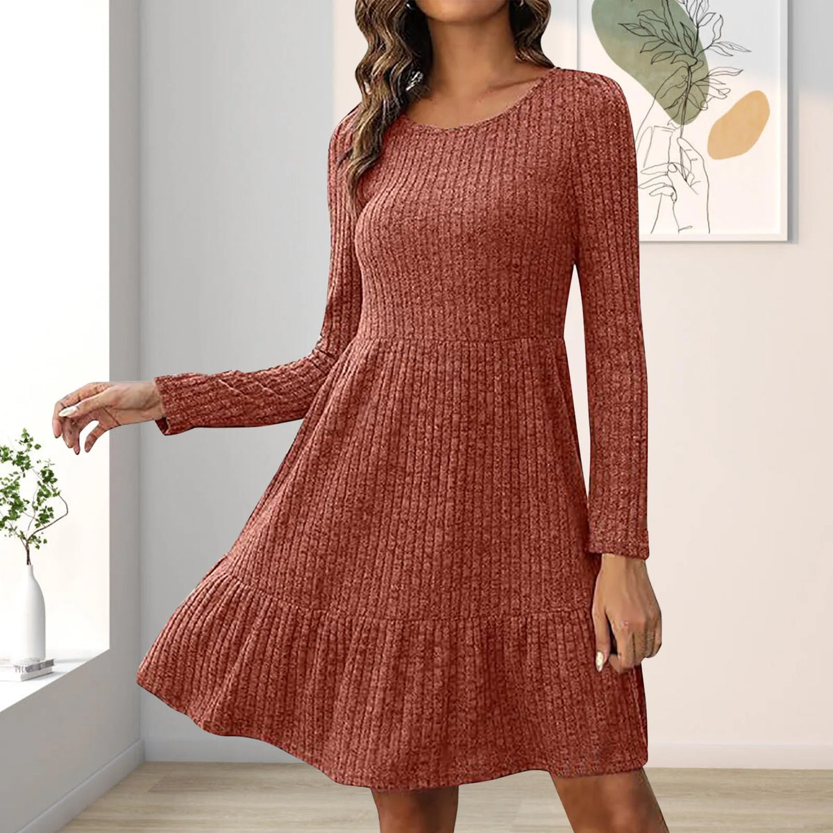 Ribbed Knit Round Neck Long Sleeve Tiered Swing Dress 4