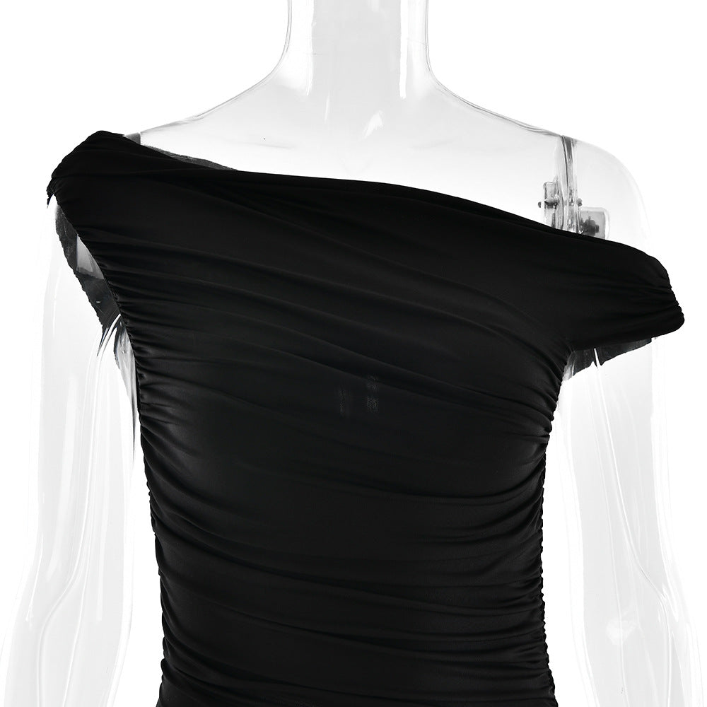 One-Shoulder Ruched Mesh-Cutout Column Maxi Gown 9